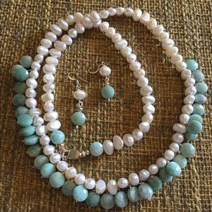 Peruvian Opals and Pearl Necklace and Earrings